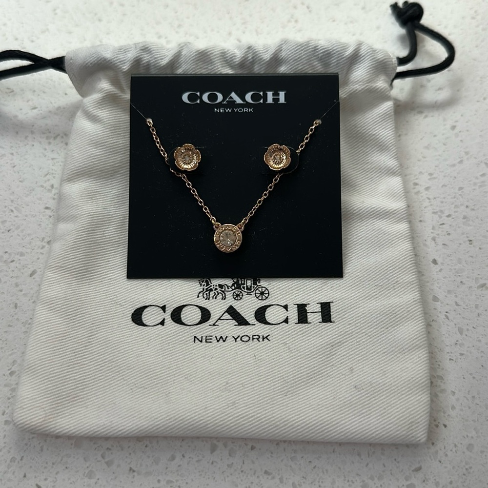 Brand New Coach Rose Gold Flower Earrings And Necklace Set with Pouch